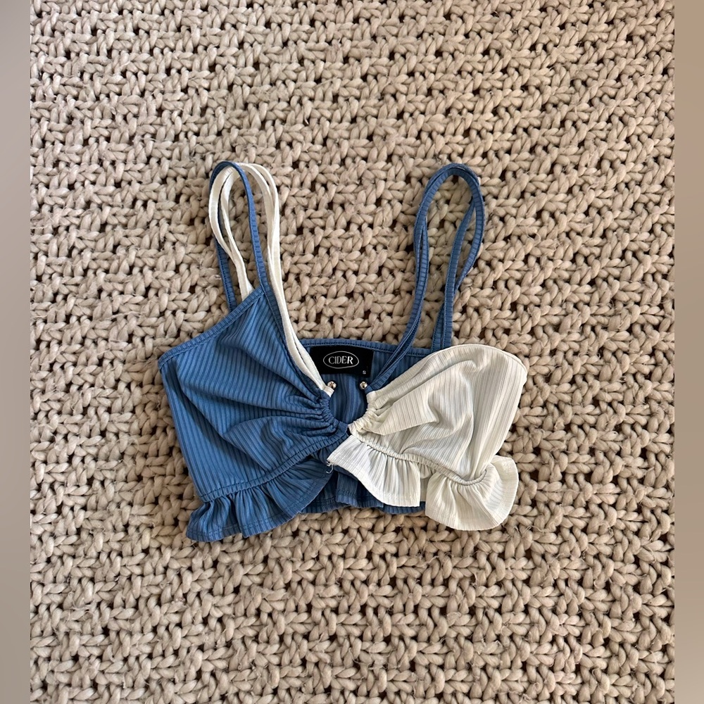 Cider Crop top Blue and White. Ruffle cut